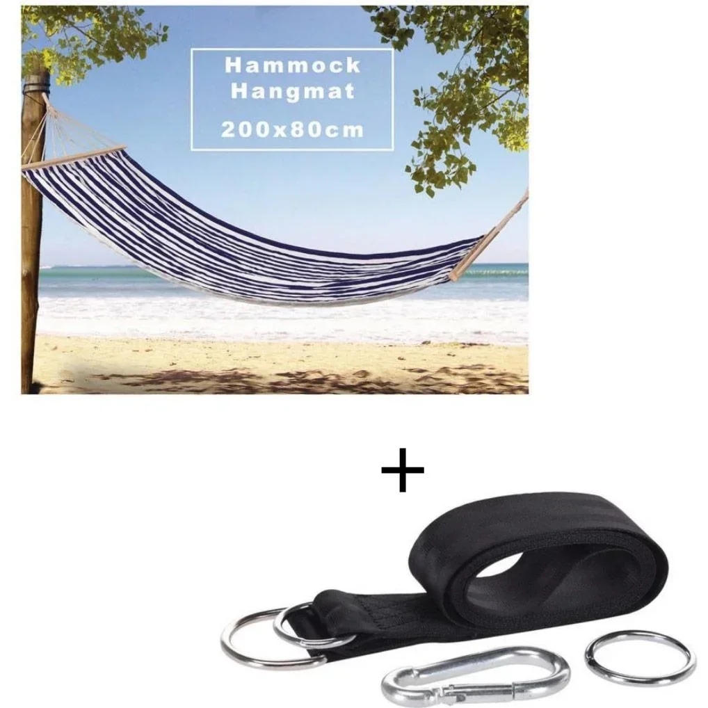 Hängematte / Hammock - 200 x 80 cm -White/Blue + INCL. Pro Garden Aufhängeset für Hängematte