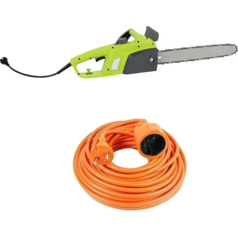 Garten-Kettensäge - 1800 Watt - Blattlänge 350mm + INCL Vekto Verlängerungskabel 10 Meter Wunschkabel orange 2500 Watt