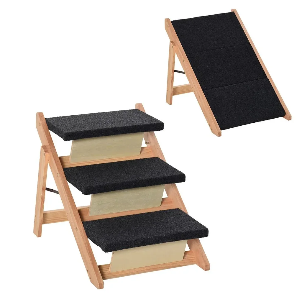 Haustiertreppe 2-in1 Hunderampe Katzentreppe Hundetreppe Faltbar Tiertreppe Kiefernholz Natur+Schwarz 60 x 47 x 50 cm
