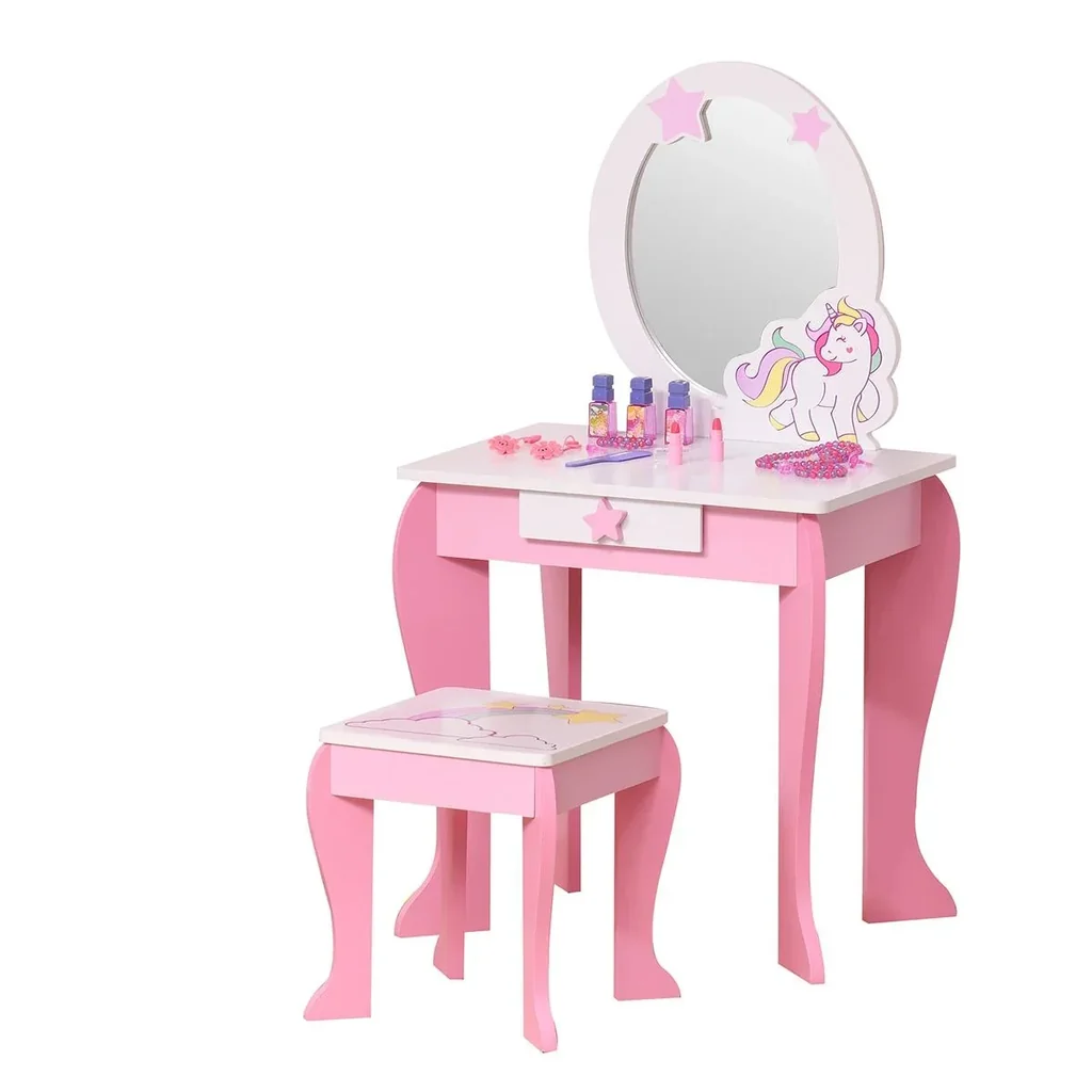 2-Set Kinderschminktisch mit Hocker Frisiertisch Frisierkommode mit Schublade Spiegel für 3-8 Jahre MDF Akryl Rosa+Weiß