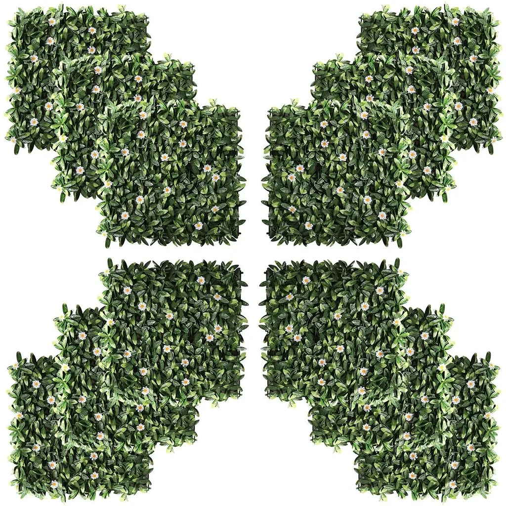 12 Stück künstliches Pflanzenwand Hecke 50x50 cm UV-Schutz Sichtschutz Rhododendronblätter Design Heckenpflanze für Gart
