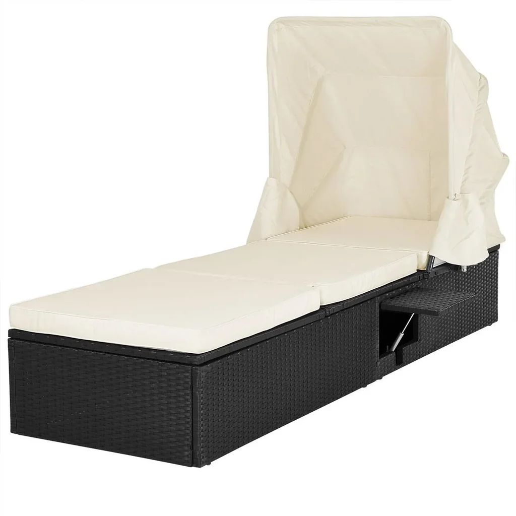 Liege mit Schiebedach Polyrattan schwarz/cremeweiß 195 x 60 x 39/145cm
