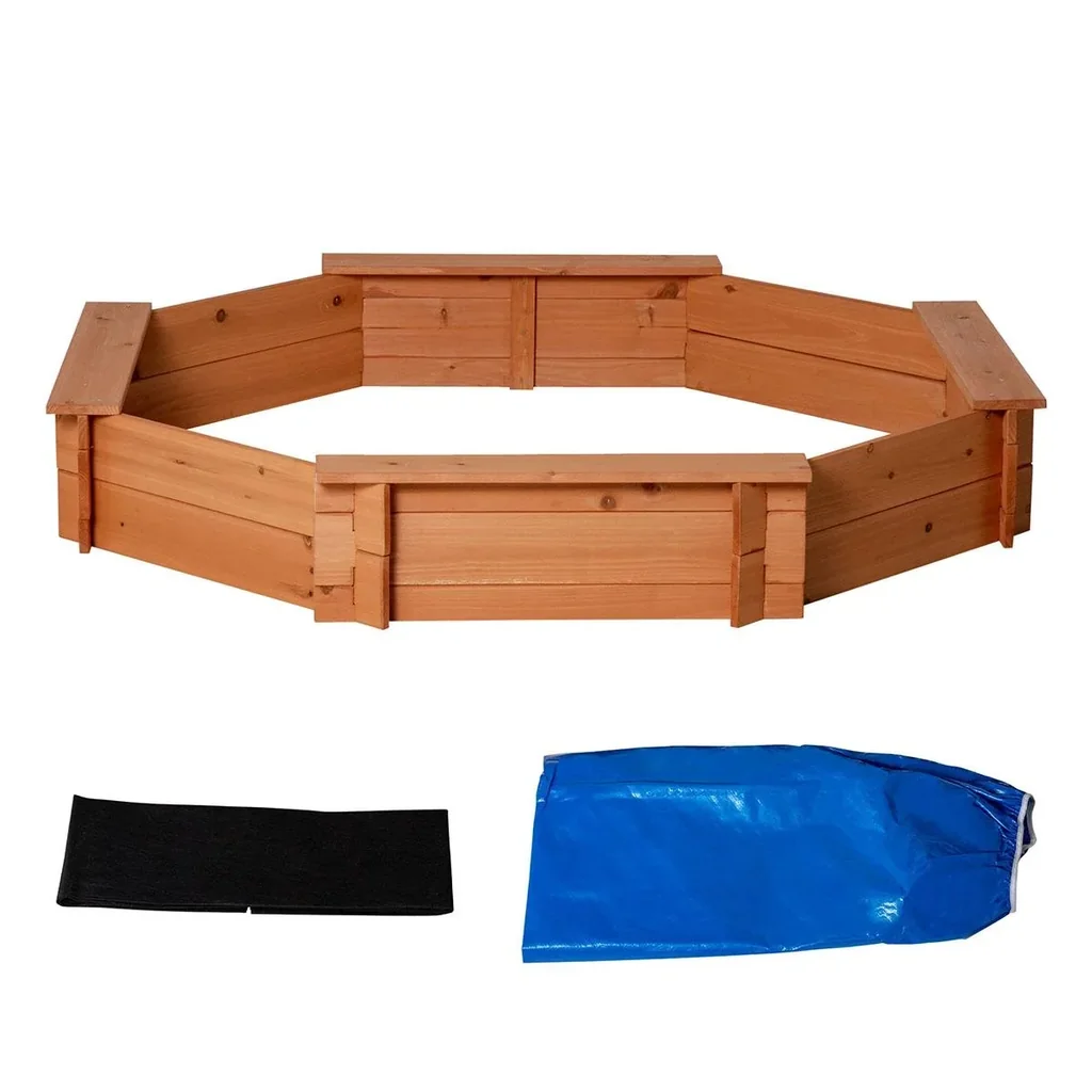 Sandkasten mit Abdeckung 8-eckig Sandkiste aus Massivholz Bodenloses Design für Kinder 3-8 Jahre 139,5 x 139,5 x 21,5 cm