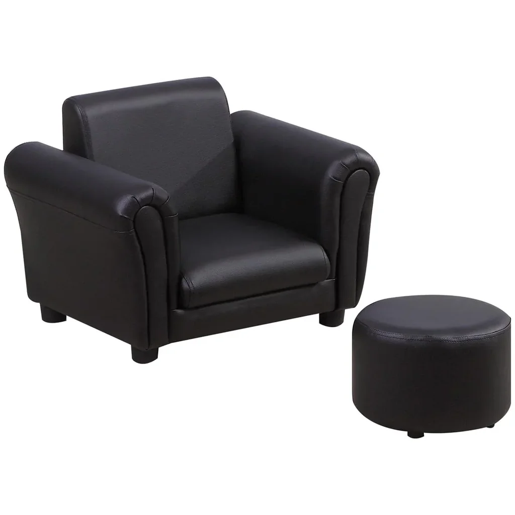Kindersessel mit Fußhocker Kindercouch Kindersofa Minisofa Kindermöbel Holz Schwarz