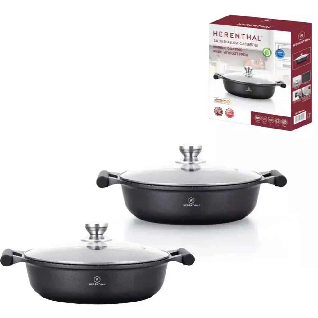 Herenthal 2-teiliges Kochgeschirr-Set - Niedrige Fritteuse mit Glasdeckel -26cm und 34cm