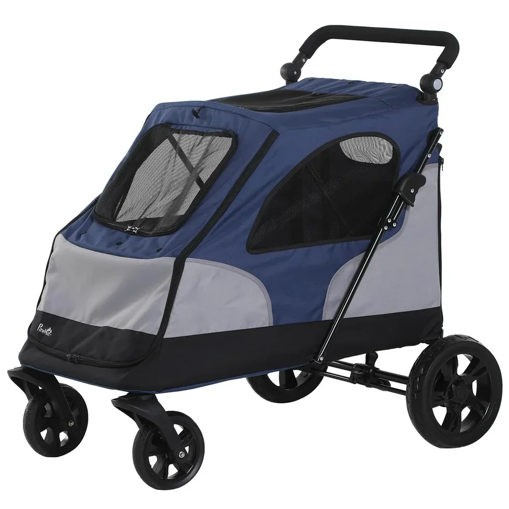 Hundebuggy Hundewagen mit 4 Räder Haustierbuggy für mittelgroße Hunde faltbar Oxford Blau+Grau 104,5 x 68,5 x 110 cm