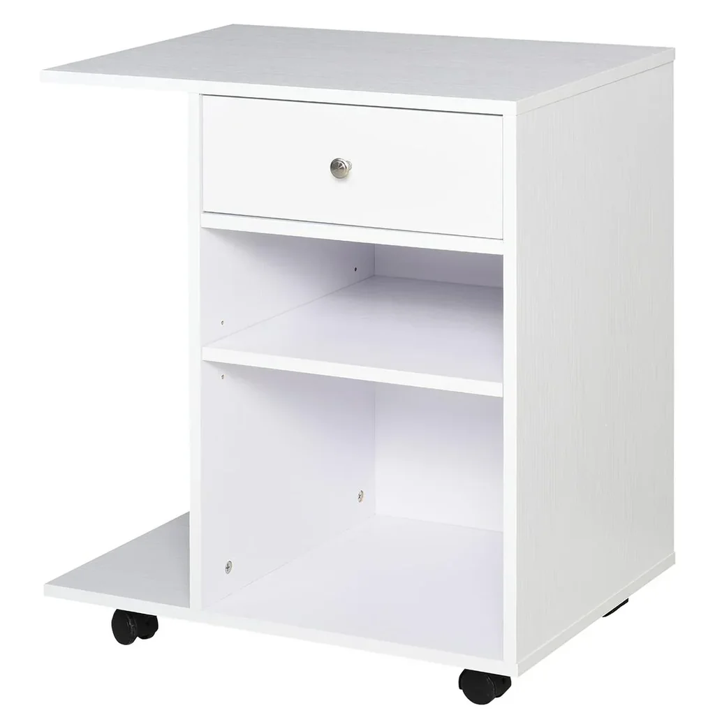 Druckertisch, Druckerständer, Bürowagen, Rollwagen mit Schublade+2 Ablagen+CPU-Ständer, Spanlatte, Weiß, 60 x 40 x 68,5