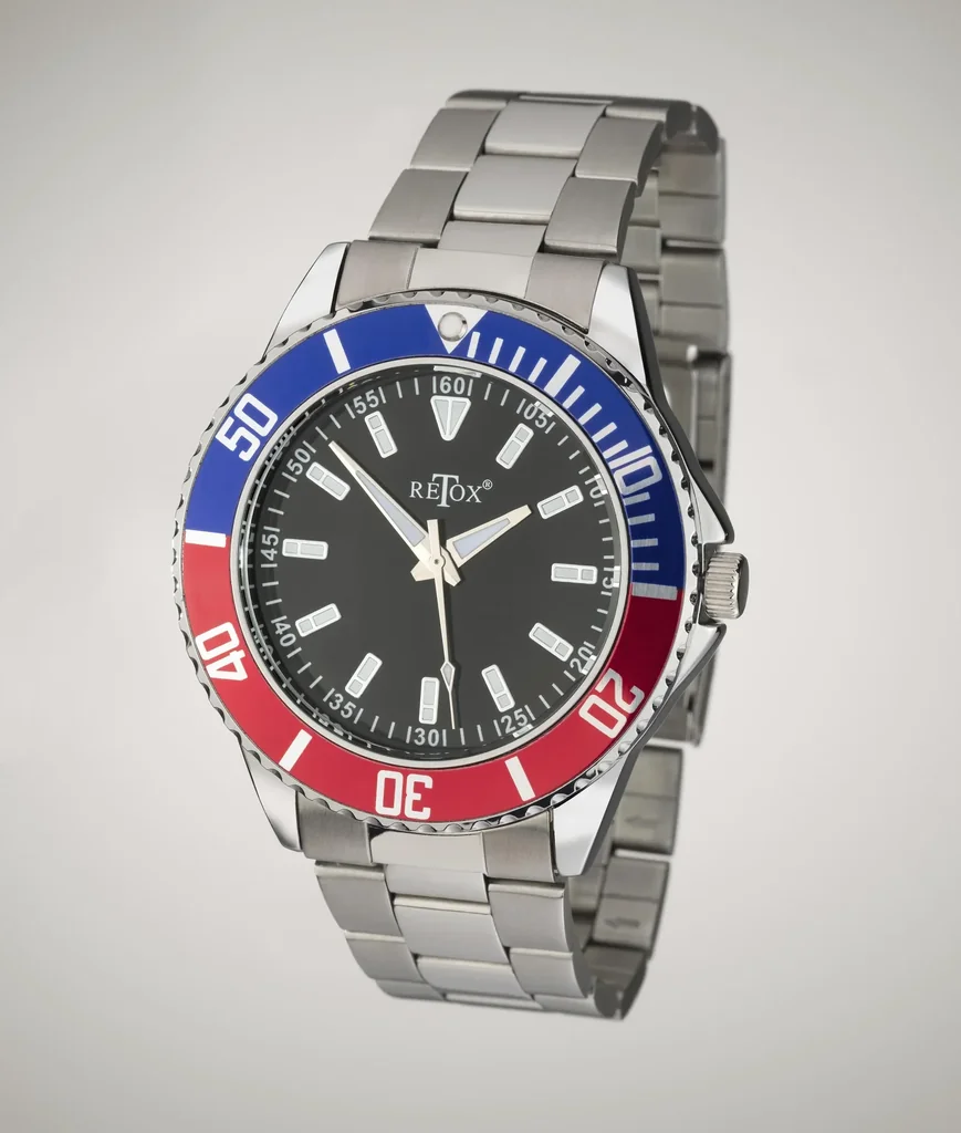 Herren-Armbanduhr, "Retox-Master" mit 2 farbiger Lünette und Edelstahlband, 3 bar wasserdicht
