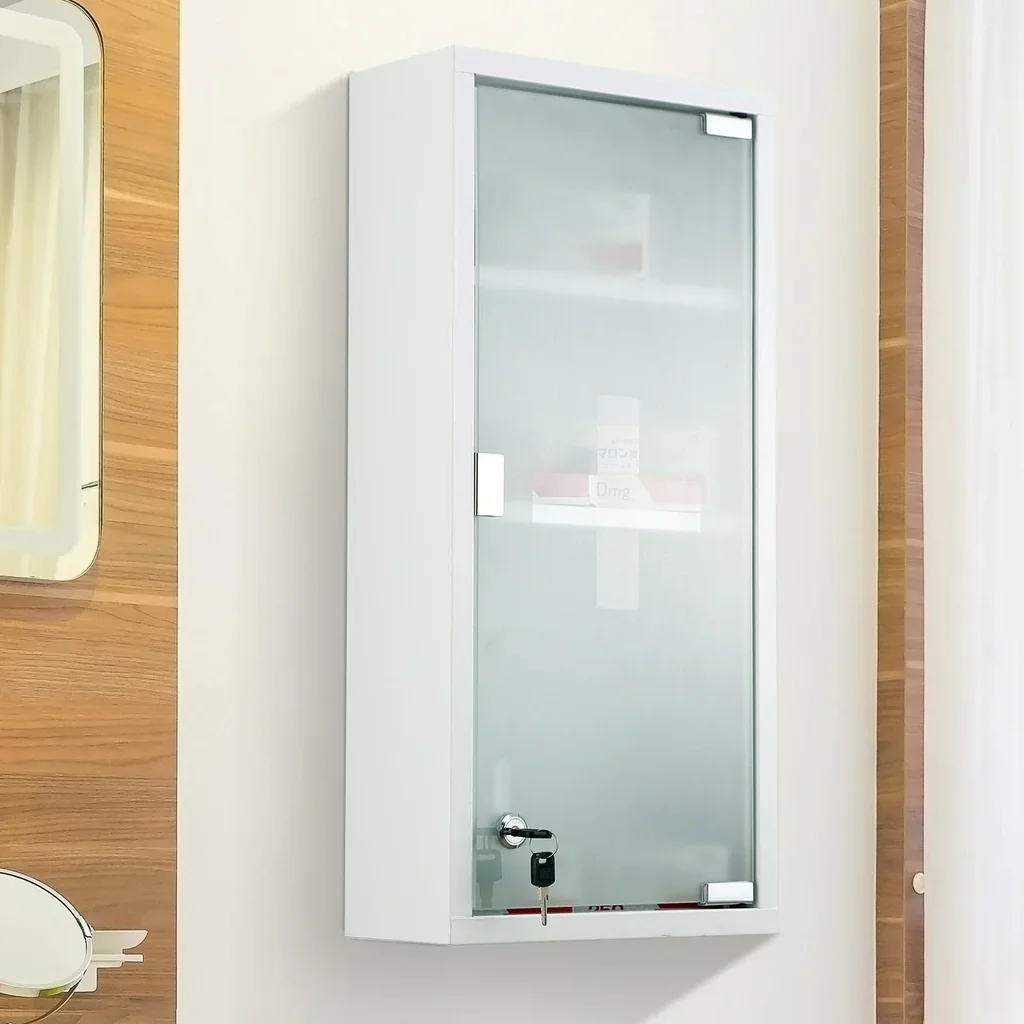 Medizinschrank Arzneischrank Erste-Hilfe-Schrank mit Schloss 3 Fächer Mattglas Metall Weiß 27 x 57 x 12 cm