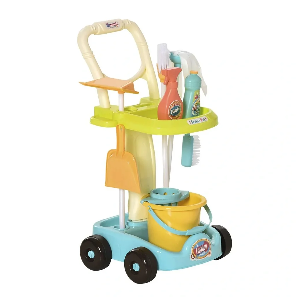 Besenwagen Putzwagen mit Zubehör Putzset für Kinder Rollenspiel Reinigungsspielzeug 17 Stück mit Besen Mopp Kehrschaufel