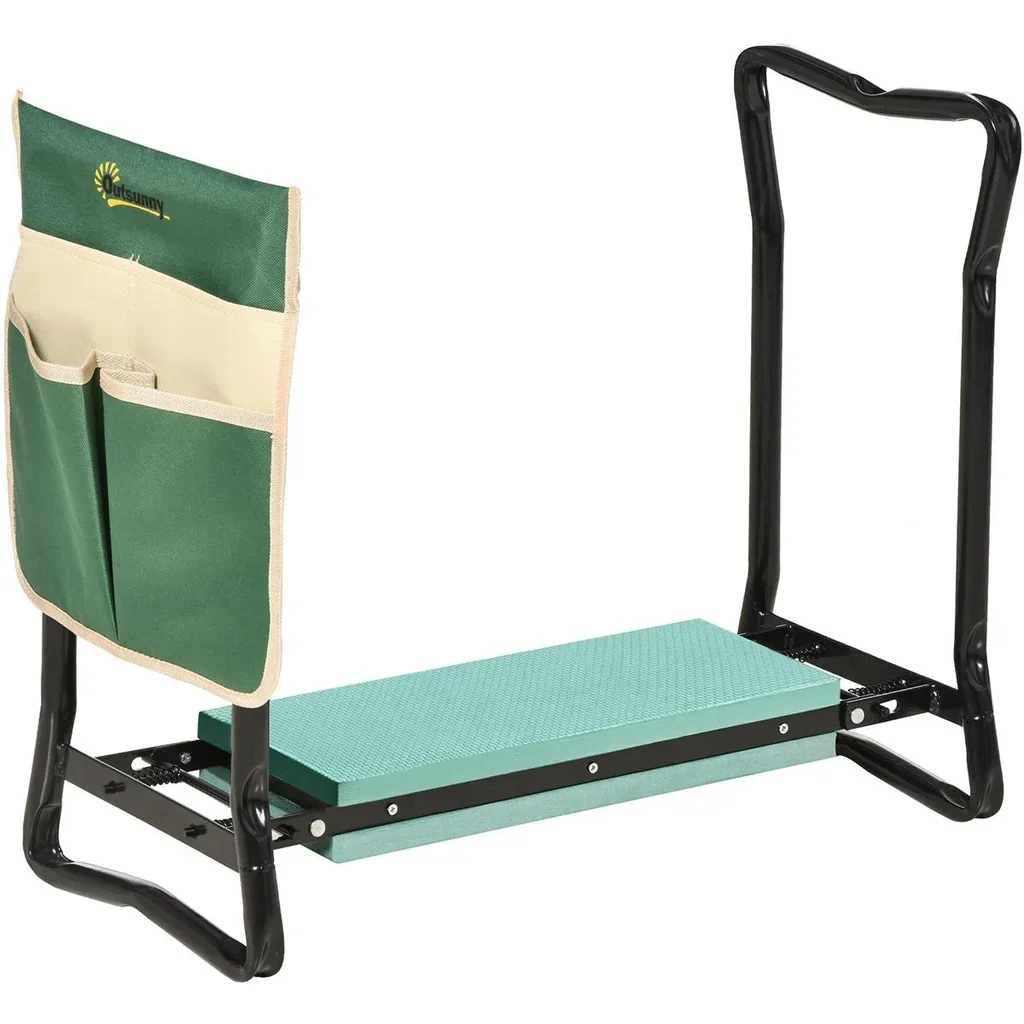 Gartenhocker mit Werkzeugtasche grün