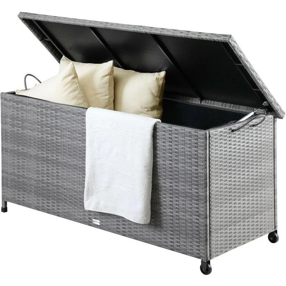 Aufbewahrungsbox Garten Poly Rattan Wasserdicht rollbar grau 122x56x61 cm