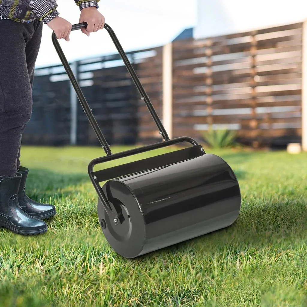 Rasenwalze mit U-Griff, Gartenwalze, Gartenrolle, 32 cm Durchmesser, 38 L Wasser-/62 kg Sand, Metall, Schwarz, 57 x 32,5