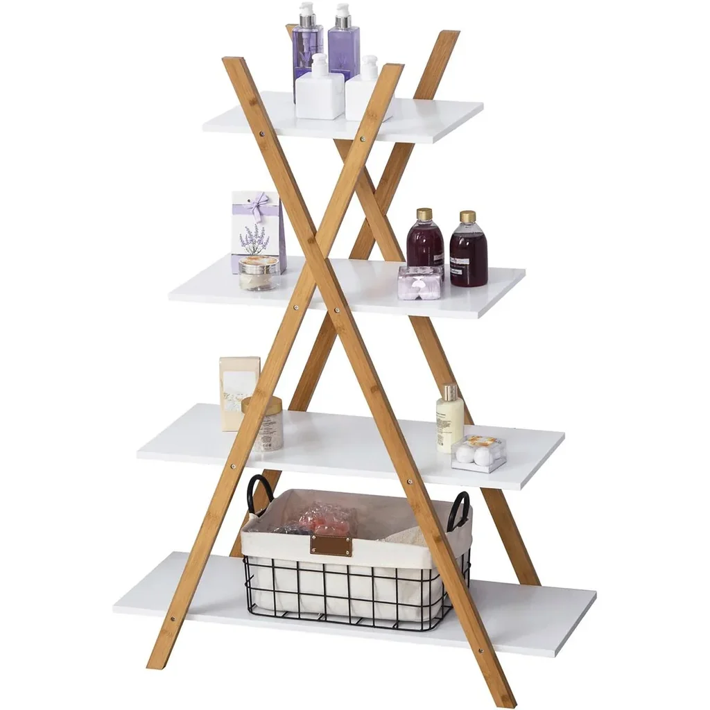 Badregal, 4 Ebenen Treppenregal, Leiterregal, Badezimmer, Bambus, Natur+Weiß, 80 x 33 x 109 cm