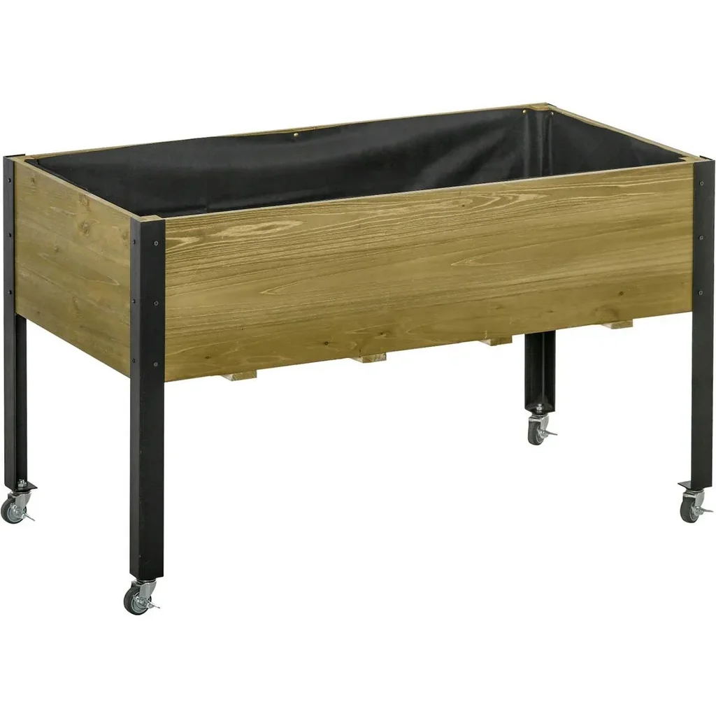 Hochbeet mit Rädern Pflanztisch Blumenkasten mit Abfluss Massivholz Vliesstoff Hellbraun 120 x 60,5 x 66 cm