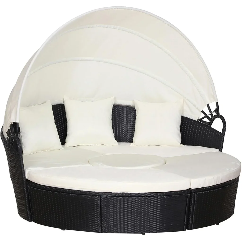 Rattan Sonneninsel, Loungegruppe mit Sonnendach, Sitzgruppe, Kissen und Beistelltisch, Metall, Creme, 180 x 175 x 147 cm