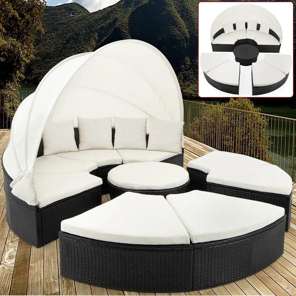 Polyrattan-Sonneninsel Ø230cm mit 9 Sitzkissen und 4 Kopfkissen