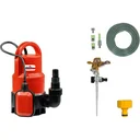 Schmutzwasser-Tauchpumpenset inkl 15 Meter Gartenschlauch, Gartensprenger mit Anschlüssen, Rasensprenger und Wasserhahn