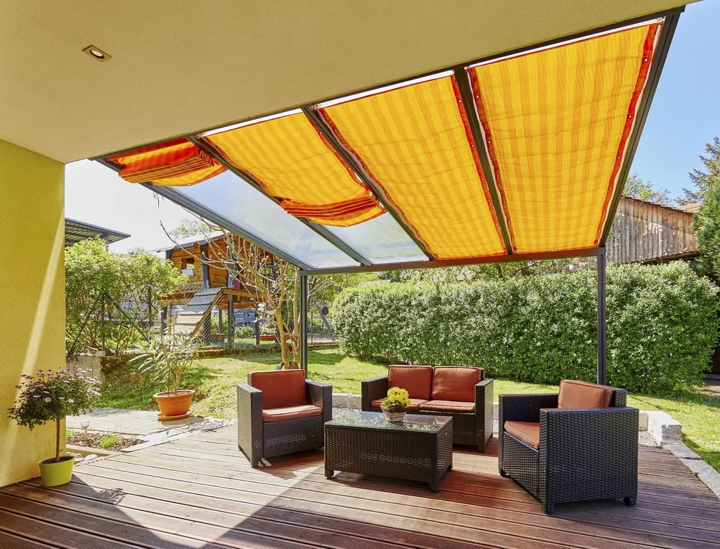 Beschattung mit Seilführung, 1155 x 2900 mm - Stoff Golden Crops, orange gestreift