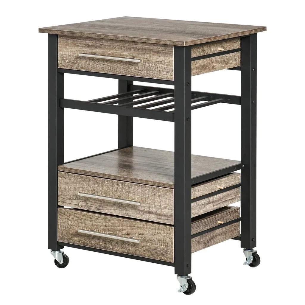 Küchenwagen Küchenrollwagen Servierwagen mit Schublade Ablage Spanplatte Metall Grau Eiche 60 x 50 x 84,5 cm