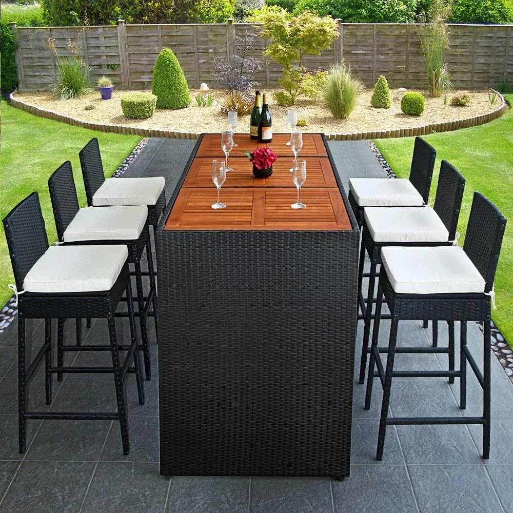 Polyrattan Bar Set 13 tlg. - Tischplatte Akazienholz - inkl. Stuhlbezug