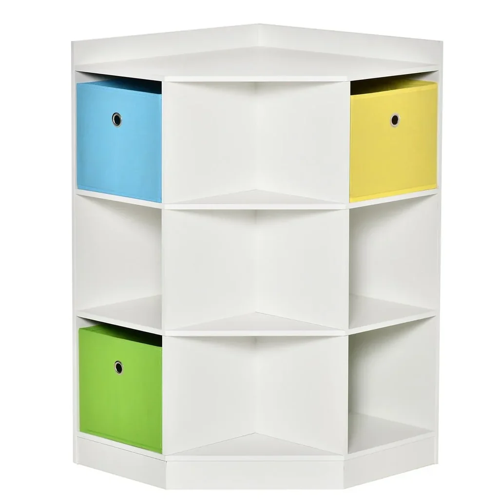 Kinderregal Eckregal mit 3 Aufbewahrungsboxen Kinderzimmer Spielzeugablage für 3-12 Jahre Kinder Weiß 57,4 x 57,4 x 94 c