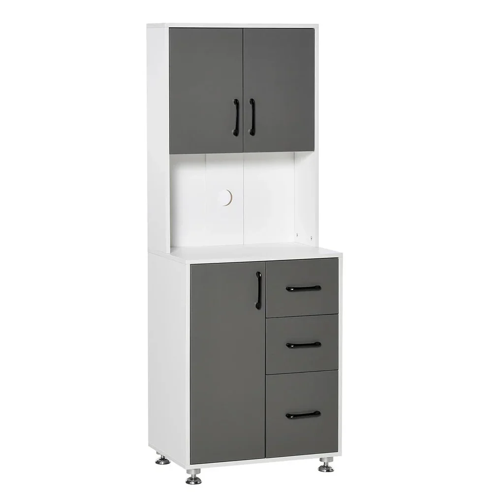 Küchenschrank mit 2 Türen Regal Mikrowellenregal Hochschrank mit unterem Aufbewahrungsschrank und 3 Schubladen Kommode S