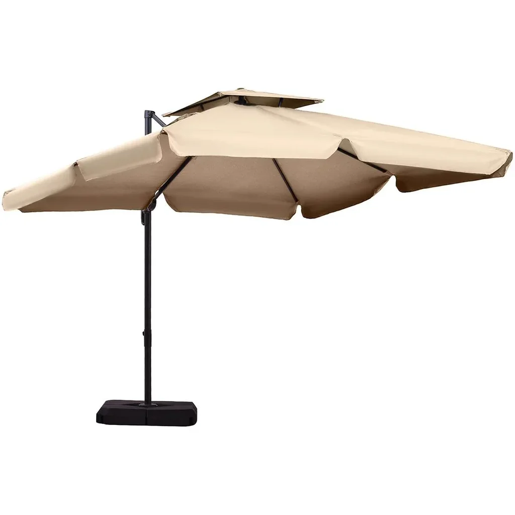 Sonnenschirm mit Sonnenschirmfuß und 4 Gewichten, Aluminium, khaki, 2,7 x 2,7 x 2,6 m