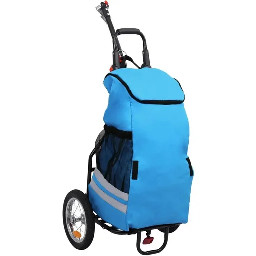 "Zusammenklappbarer Fahrradanhänger mit Einkaufstasche blau und schwarz image"