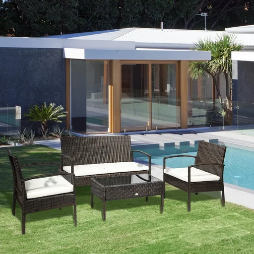 "Polyrattan Gartenmöbel Set 4-teiliges Rattensofa-Set Sitzgruppe Sitzgarnitur für Pause Lounge Teetisch mit Sofa Sitzkiss image"