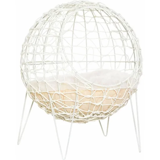 "Rattan Katzenkorb Katzenhöhle Katzenhütte Katzenbett mit Kissen erhöhtes Design Haustierbett Cremeweiß Ø45 x 57H cm image"