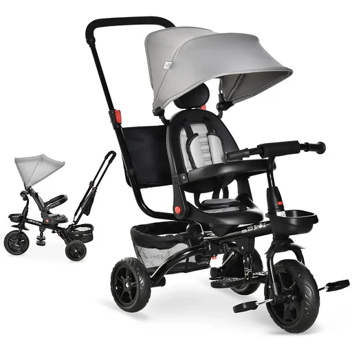 "4-in-1 Kinderdreirad Kinder Fahrrad mit Sicherheitsgurt und Sonnendach Dreirad Kinderauto Kinderwagen PP-Kunststoff PA image"