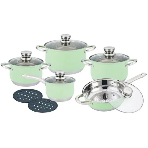 "Herenthal - Komplette 12-teilige Töpfe und Pfannen - Edelstahl - Grün image"