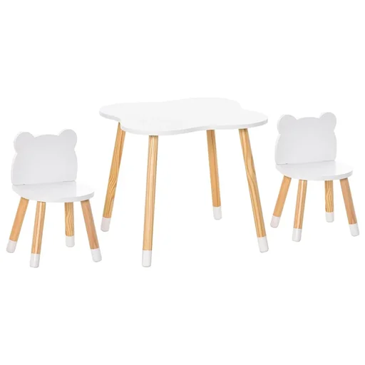 "3-teiliges Kindertisch-Set bogenförmige Kindersitzgruppe Tisch mit 2 Stühlen MDF Tischbeine aus Kiefernholz Weiß+Naturho image"