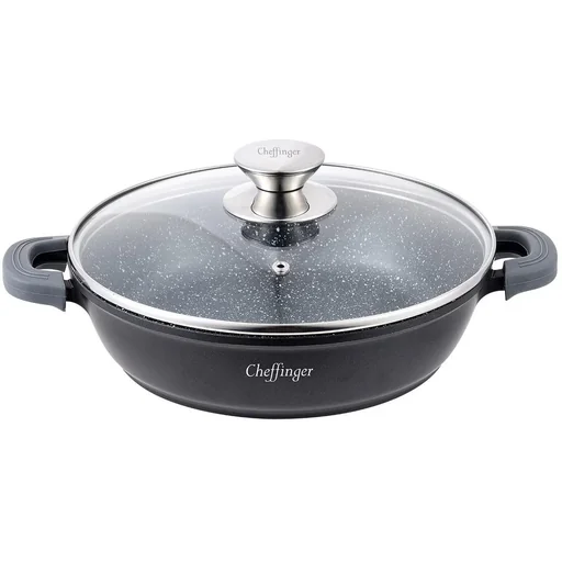 "Cheffinger Schmortopf / Niedrige Pfanne / Serviertopf - Marmorbeschichtung - mit abnehmbaren Silikongriffen - SS - 24cm image"