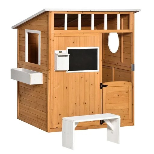 "Spielhaus für Kinder Holz mit Fenster Briefkasten mit Blumentopfrack für 3-8 Jahre Tannenholz Gelb 122 x 108 x 135,5 cm image"