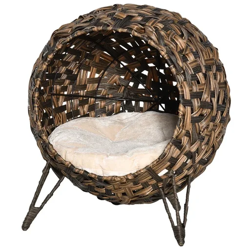 "Katzenhaus aus Rattan mit Kissen Katzenshclafplatz Katzenhöhle mit erhöhten Füßen Braun Ø52 x 58 cm image"