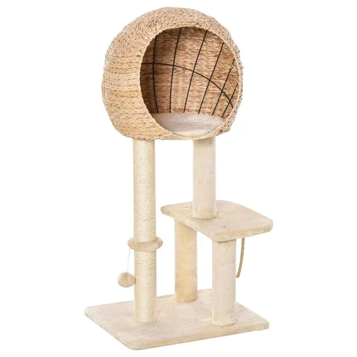 "Katzenbaum Kratzbaum Kätzchen Möbel mit Katzenhöhle Ballspielzeug Sisal weiche Plüsch Höhe 100 cm Beige image"