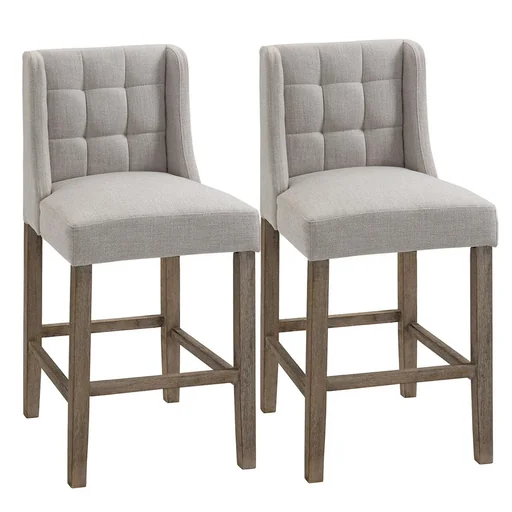 "2er-Set Barhocker moderne Küchenstühle Barstühle für Küche mit niedriger Rückenlehne Leinen-Touch Gummiholz Beige 47 x 5 image"