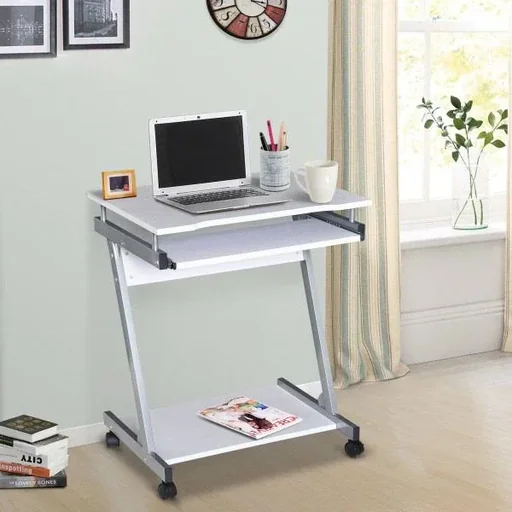 "Schreibtisch Computertisch Bürotisch Rollbar mit Tastaturauszug Spanplatte, Stahl Weiß image"