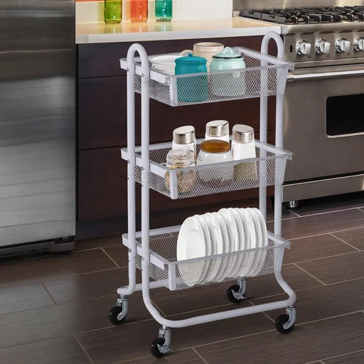 "Allzweckwagen Allzweckregal mit Rollen Küchenwagen Küchenregal Metallregal Rollwagen 3 x Korb Karbonstahl Weiß image"