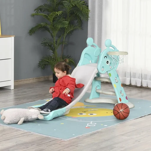 "Kinderrutsche mit Basketballkorb faltbare Spielzeugrutsche mit verlängerter Heckkissen Dreiecksstruktur HDPE PP Hellblau image"