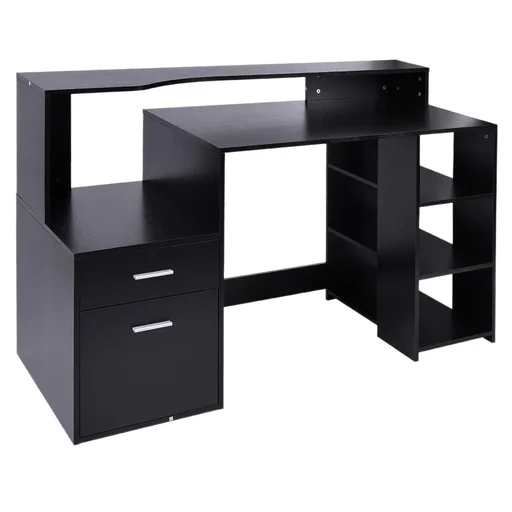 "Schreibtisch mit Regal Computertisch Bürotisch mit Tischplatte für Drucker Schublade MDF Metall Schwarz 137 x 55 x 92 cm image"