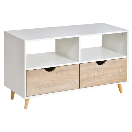 "TV Schrank TV-Kommode Schrankelement mit Schubladen und Offene Regale Holz Weiß+Natur 99 x 39 x 58 cm image"