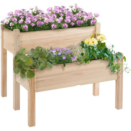 "Hochbeet 2 Stufen Frühbeet Kräuterbeet Pflanzkasten mit 8 Abflusslöchern Massivholz Natur 86 x 85 x 72 cm image"