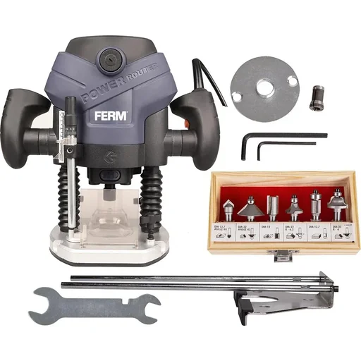 "PRM1015 Oberfräse 1300W - 6-8mm - Soft griff - LED-Arbeitslicht - Mit Vakuum-Adapter - Inkl. Parallelführung und 6-Teili image"