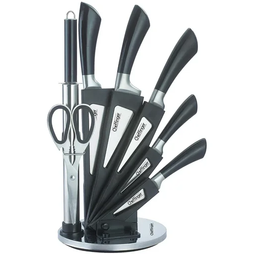 "Cheffinger 8-teiliges Messerset mit Ständer - Silber/Schwarz image"