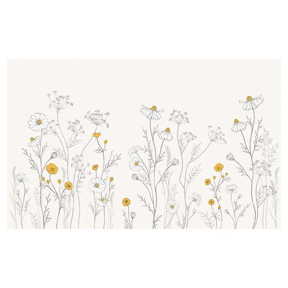 Lilipinso Vliestapete mit großen Wiesenblumen, Kamille, Grau und Senfgelb