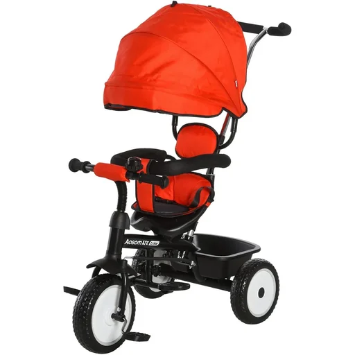 "6 in 1 Kinderdreirad Dreirad Kinder Fahrrad Rad Kinderwagen Schubstange Sonnendach Sicherheitsgurt 6-60 Monate Rot+Schwa image"
