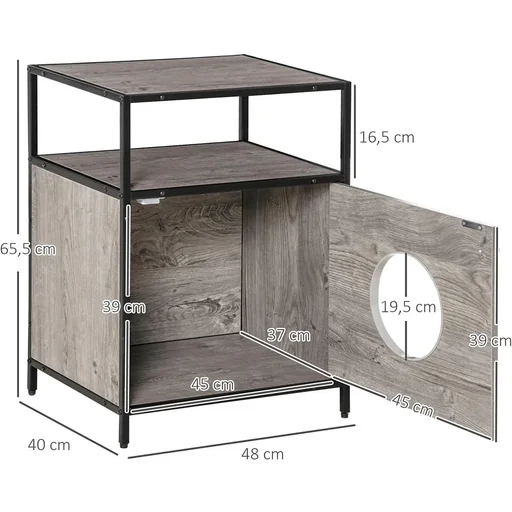 "Katzenhöhle Katzenschrank Katzenbett Katzenhaus mit Tür offenem Regal Katzenkommode Beistelltisch Spanplatte Plüsch Grau image"